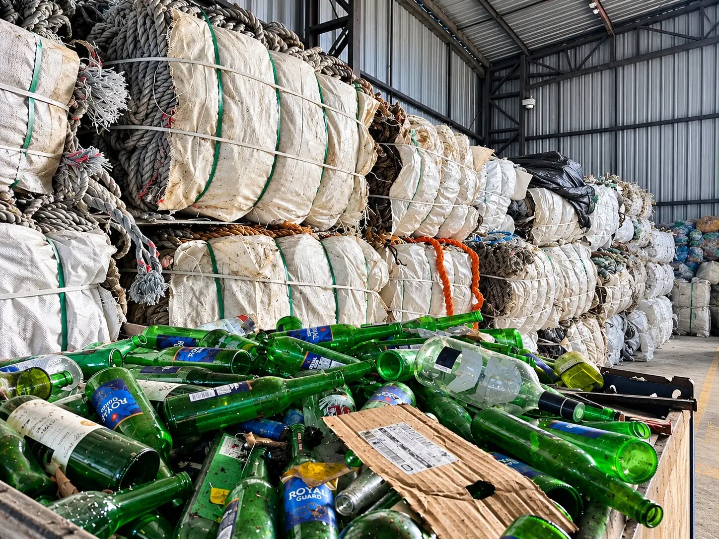 Almacén de valorización de REXIN con fardos de material recuperado y botellas de vidrio separadas