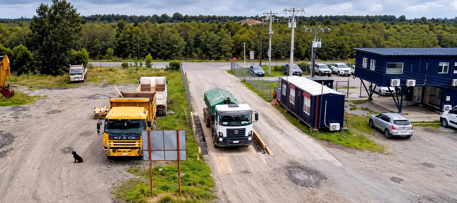 Recepción y pesaje de residuos en las instalaciones de REXIN: camión sobre la báscula, oficinas y patio de maniobras
